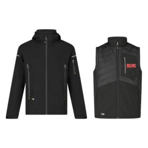 Black Kasai waterproof rain jacket and black AC/DC hybrid bodywarmer