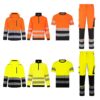 Scuti hi-vis uniform bundle in orange and black and yellow and black, with jacket, quarter zip, t-shirt and trous