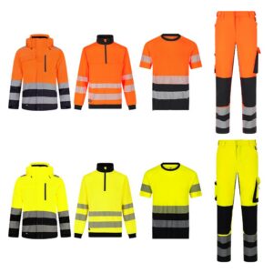 Scuti hi-vis uniform bundle in orange and black and yellow and black, with jacket, quarter zip, t-shirt and trous