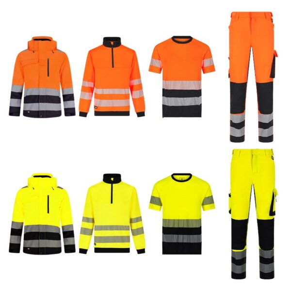 Scuti hi-vis uniform bundle in orange and black and yellow and black, with jacket, quarter zip, t-shirt and trous