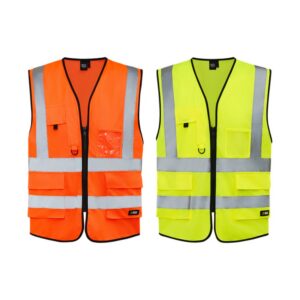 Orange and yellow Scuti Class 2 hi-vis vests with reflective tape and pockets